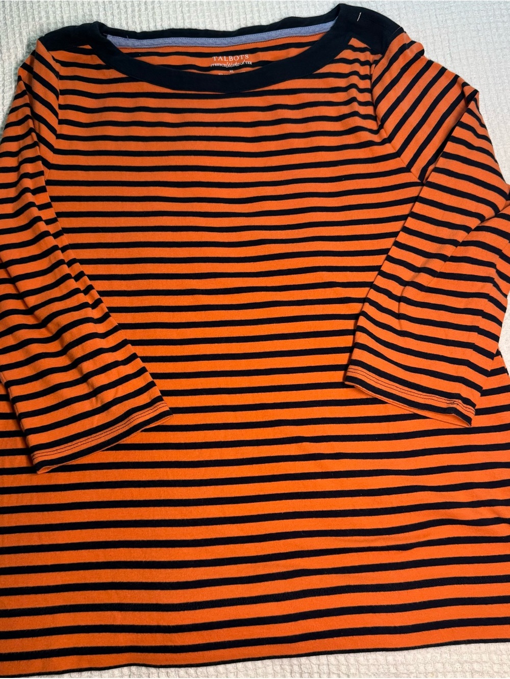 Talbots Orange and Navy Striped Boatneck Top with Three-Quarter Sleeves
